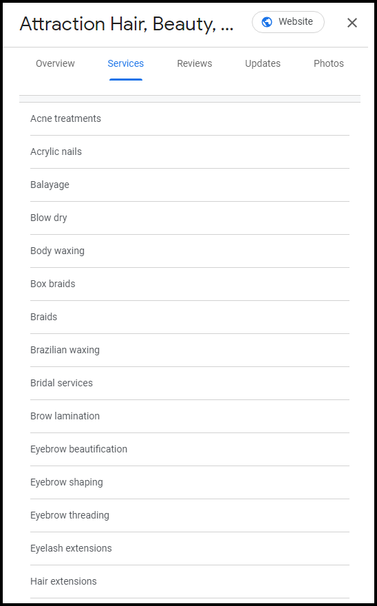 Salon services listed on Google Business Profile