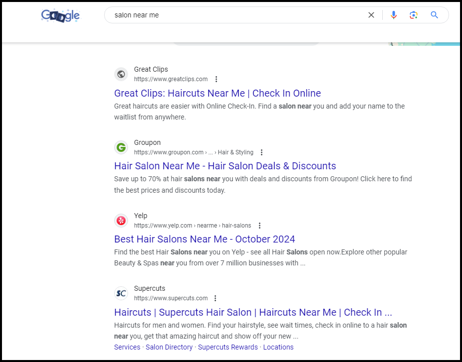 Salon near me organic search results on Google
