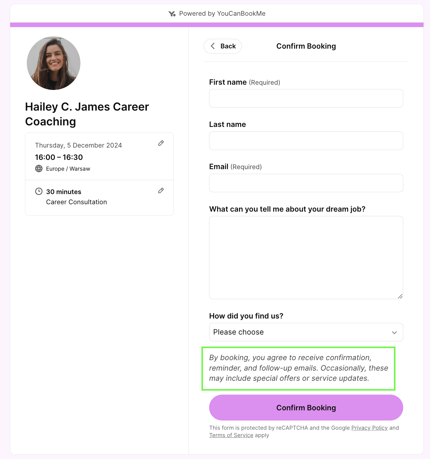 Career coaching YouCanBookMe booking form with marketing disclosure