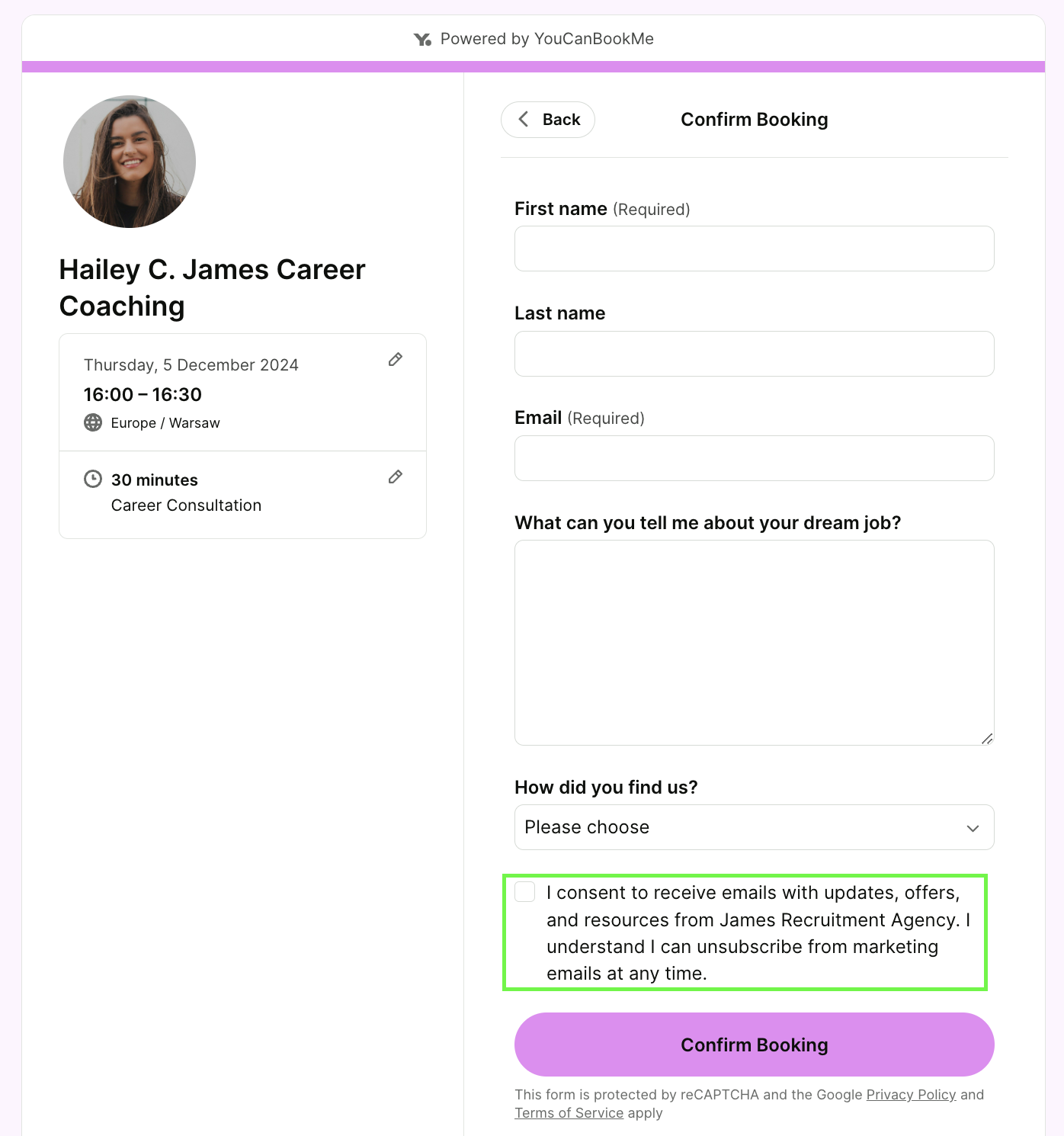 YouCanBookMe booking form asking for email marketing consent