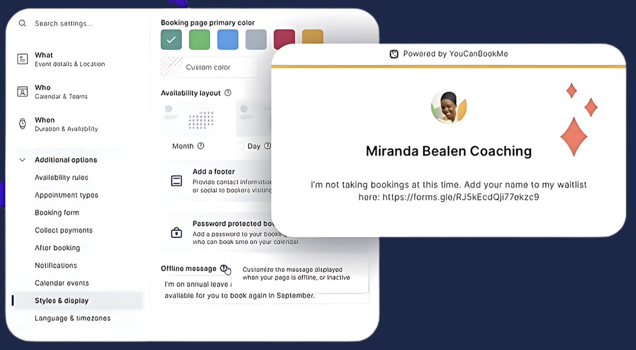 YouCanBookMe personalized offline message