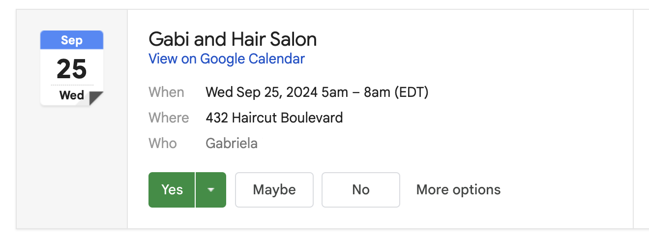 Calendar invite for hair salon appointment