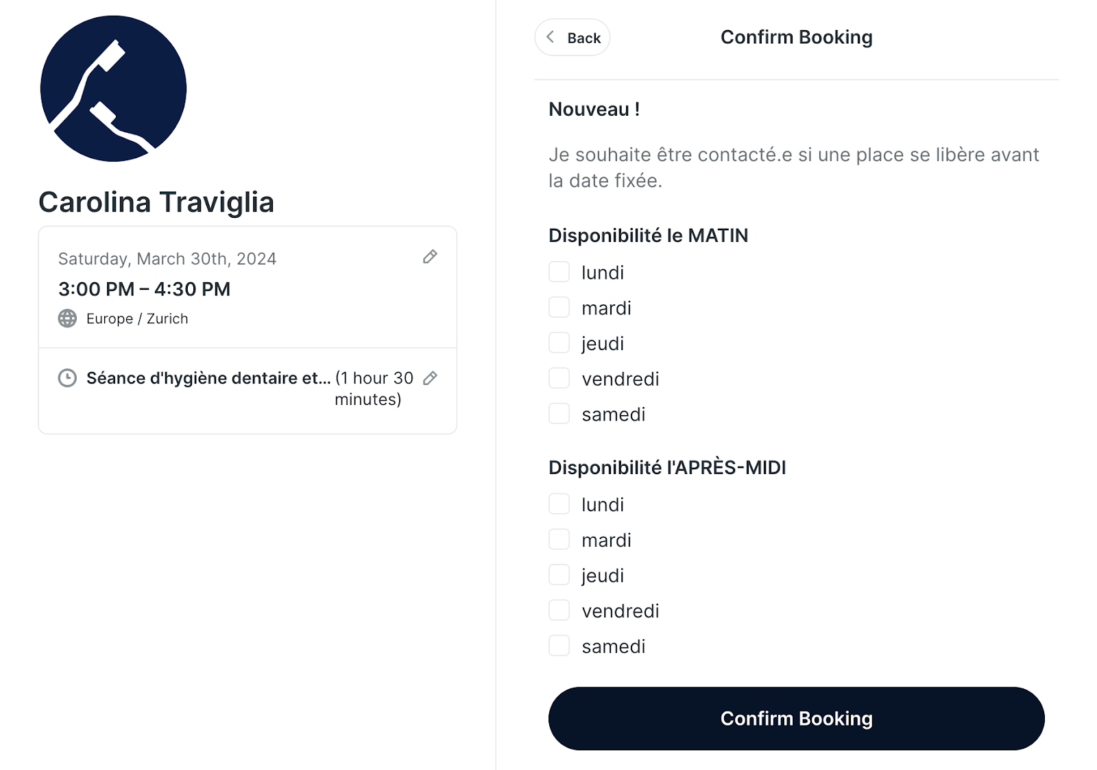 Waitlist option included on YouCanBookMe booking form for dental hygenist Carolina Traviglia