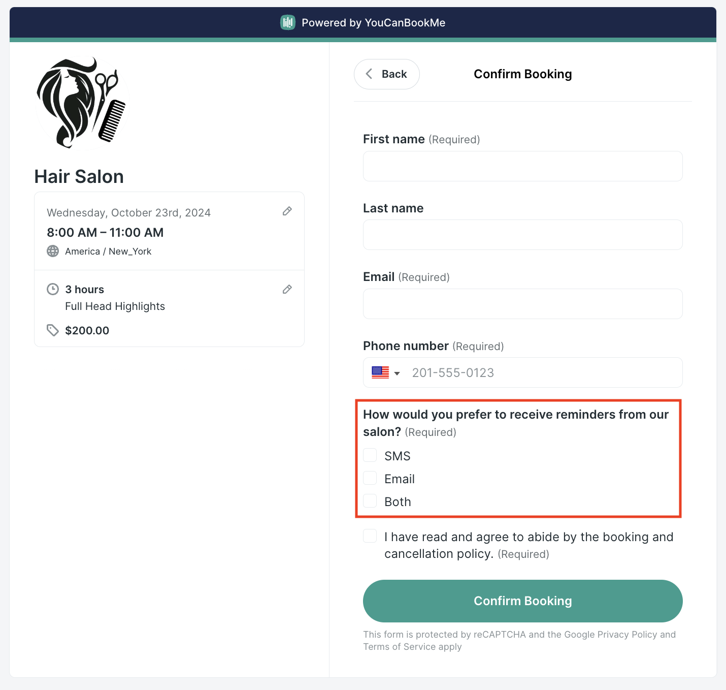 YouCanBookMe hair salon booking form example