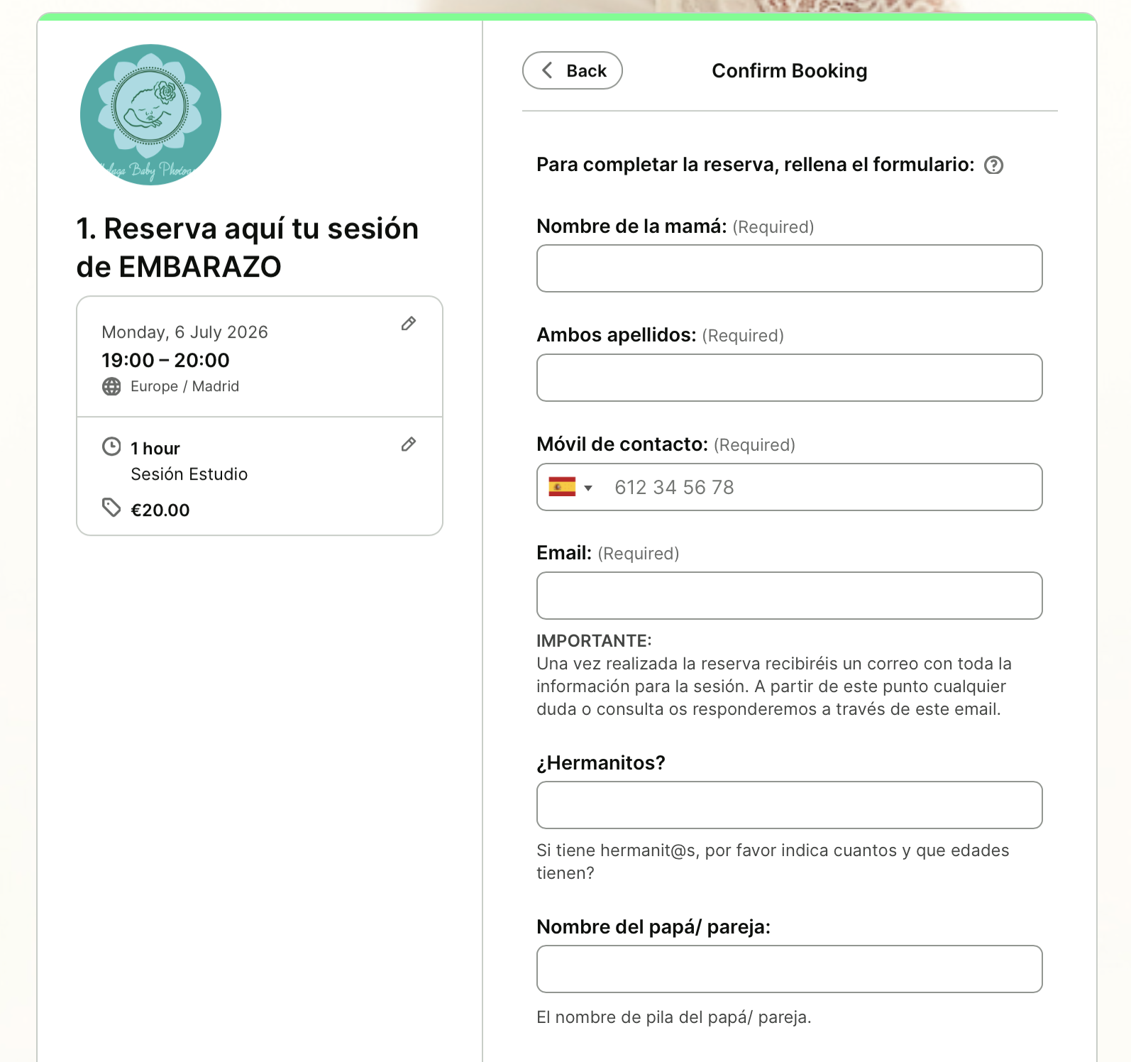 Booking form - malaga baby photoshoot