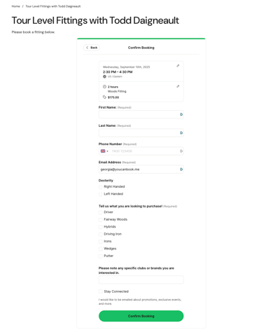 Booking form embedded on website