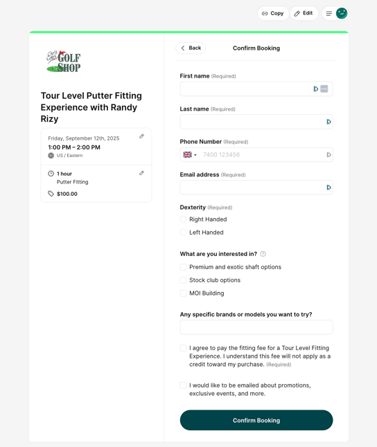 Booking form example for Golf Fittings
