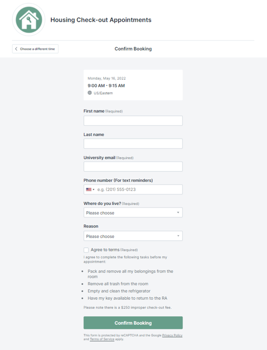 Booking form to confirm your housing check-out appointment in  YouCanBook.me’s school scheduling software.