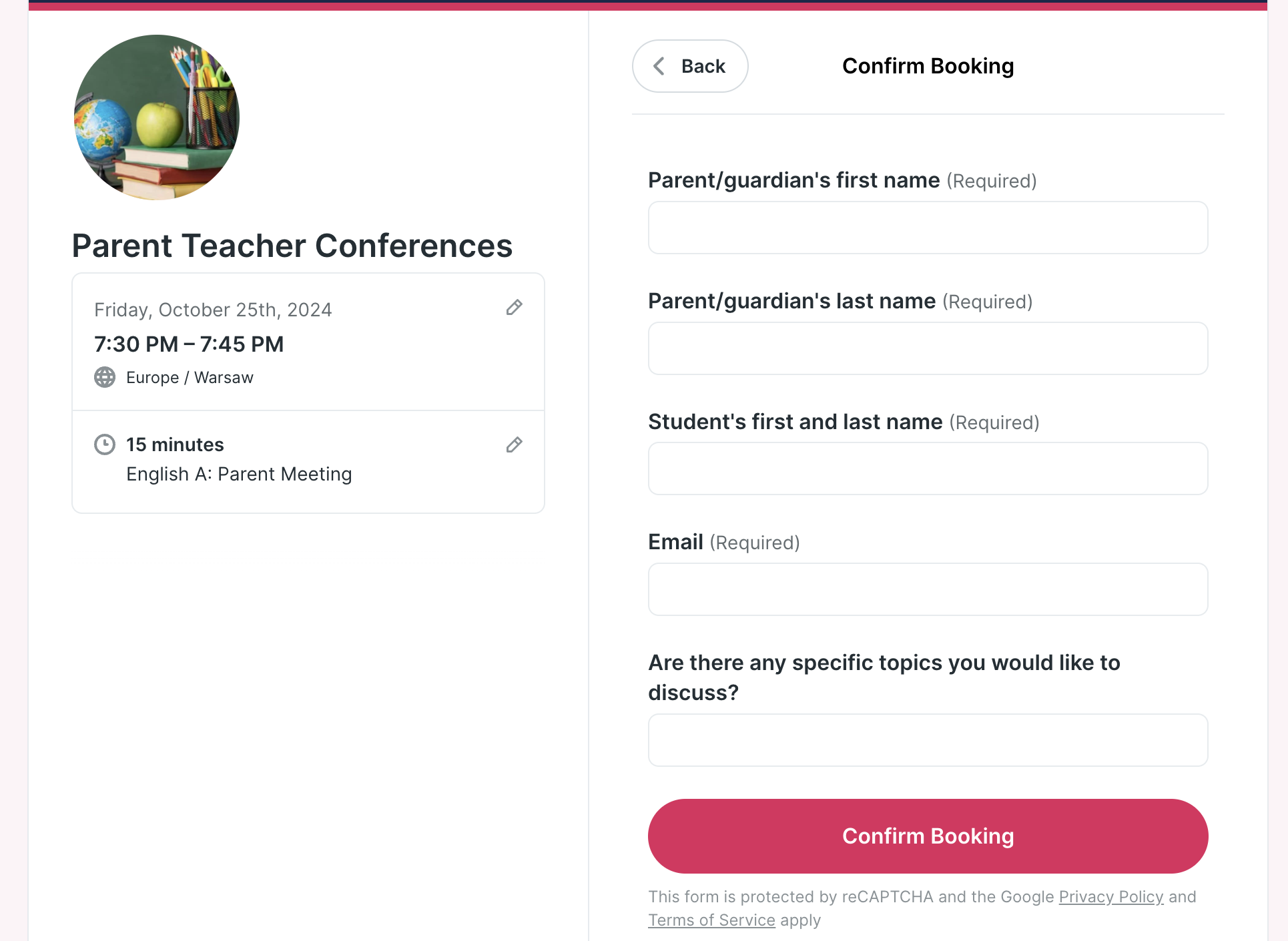 Booking form for parent-teacher meetings