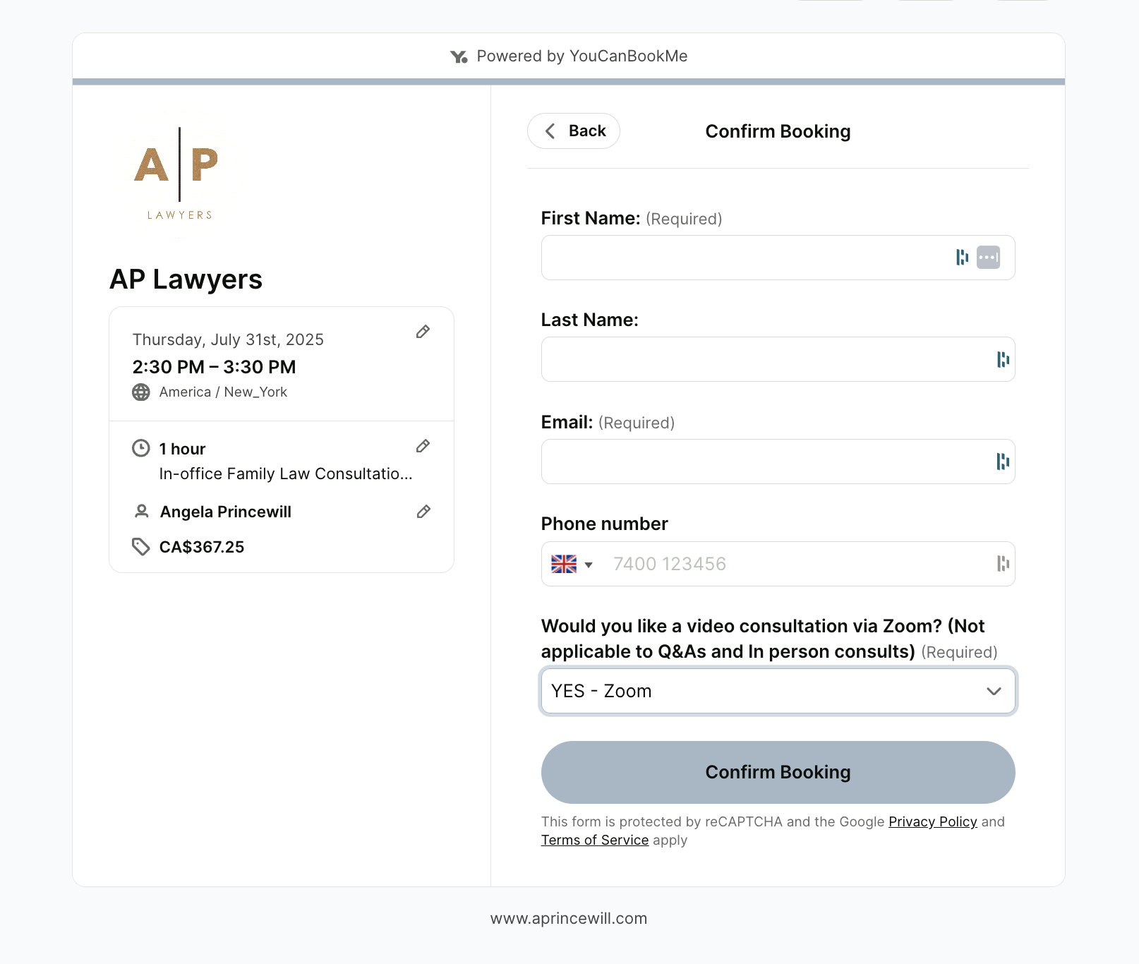 Booking page confirmation for AP Lawyers on YouCanBookMe