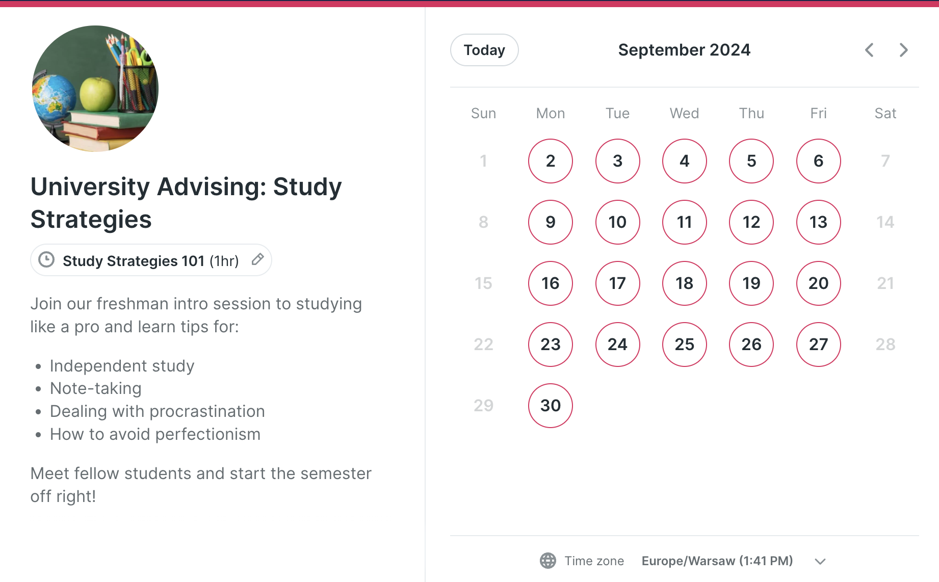 Booking page for group academic advising sessions