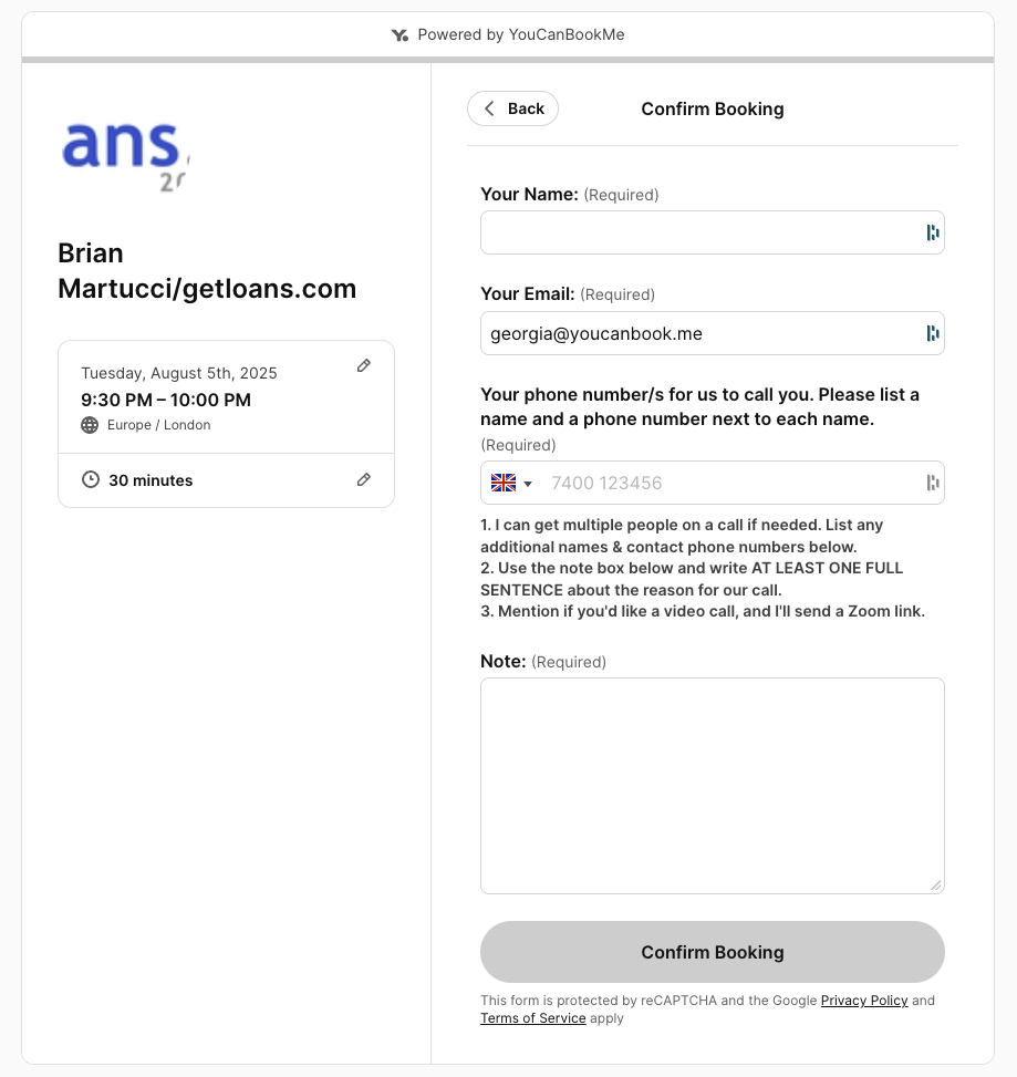Get Loans YouCanBookMe booking form