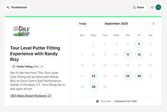 Golf Store Booking Page Example
