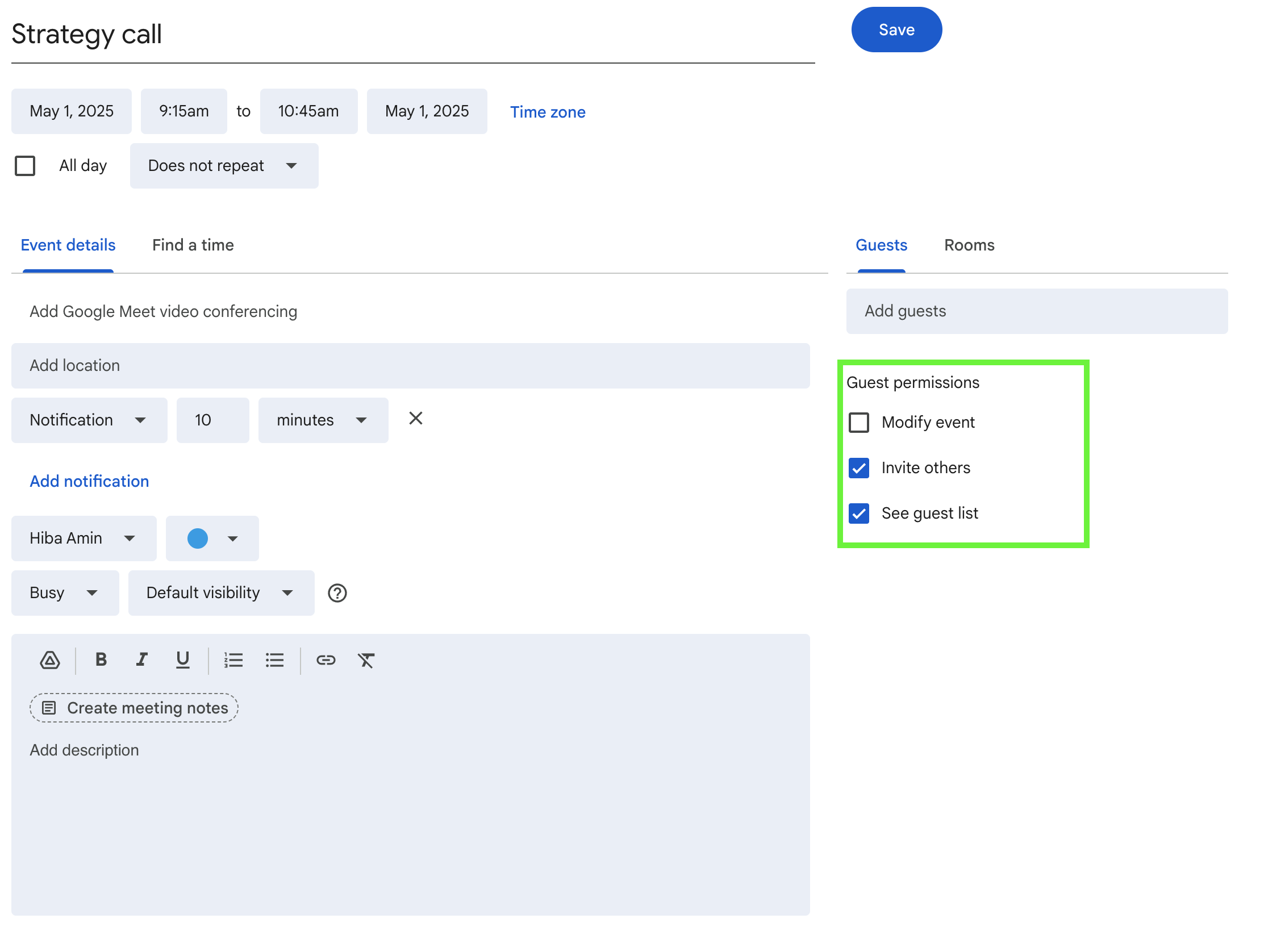 Guest permissions for google calendar events