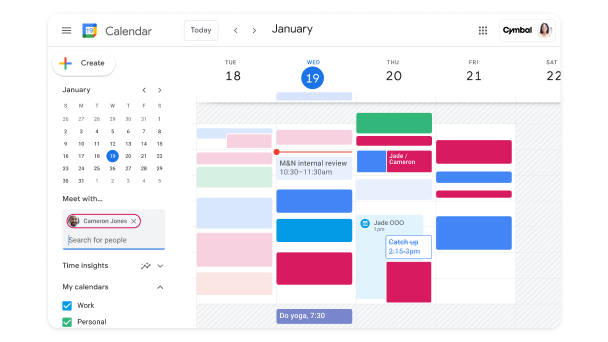 A screenshot of a Google Calendar interface in the week view for January, showing events from Tuesday, the 18th, to Saturday, the 22nd. The calendar contains various color-coded events, including 