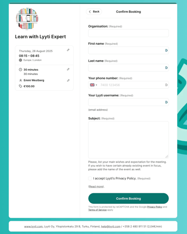 Hannes booking page booking form