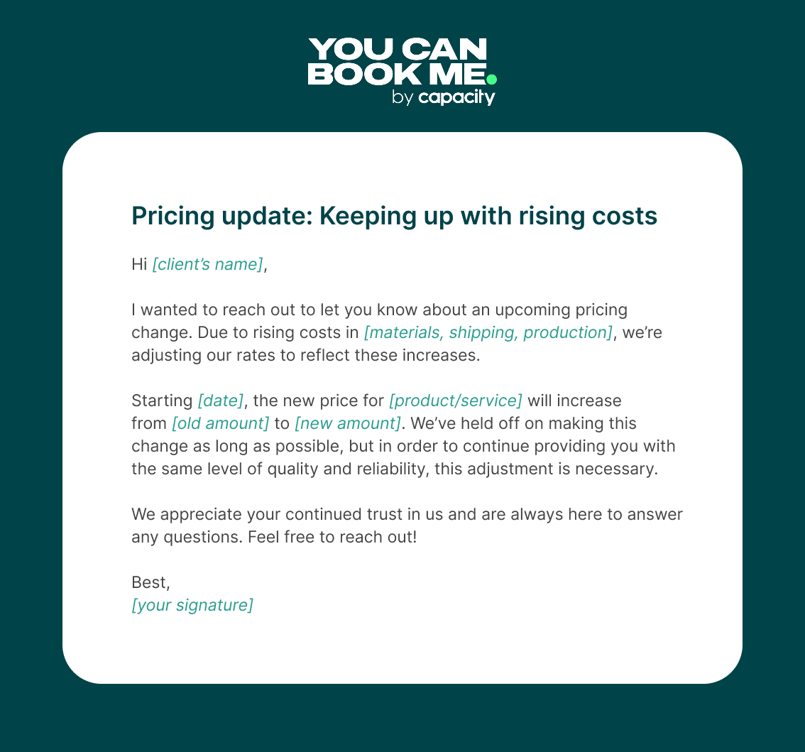 How to write a price increase message - 2 - pricing update, keeping up with rising costs