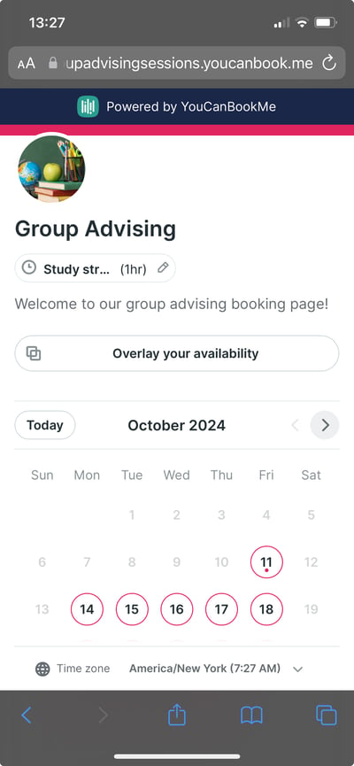 Mobile view of a group advising booking page in YouCanBookMe's counselor scheduling software