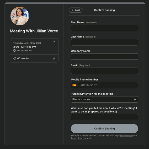 Jilian booking form example