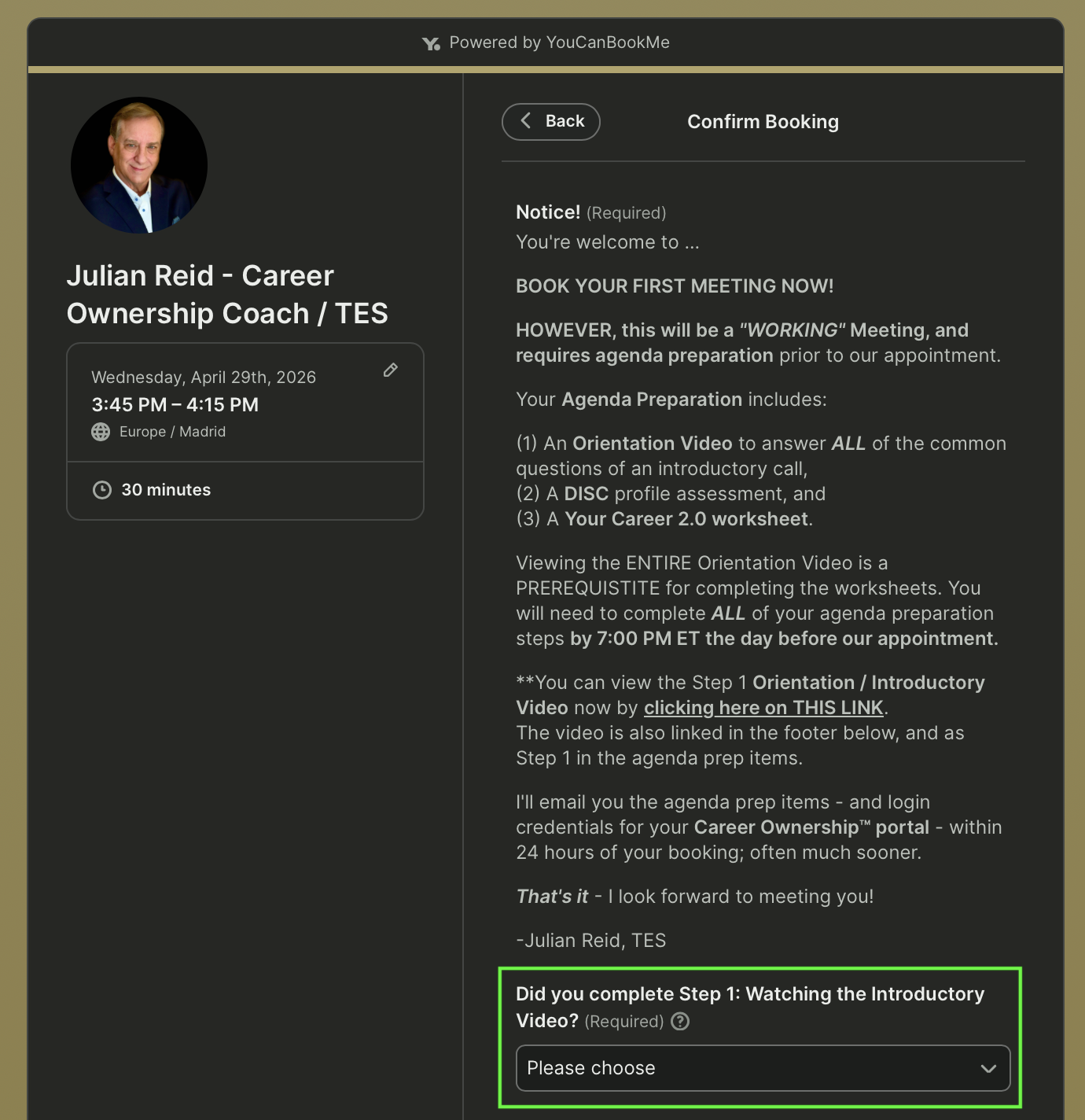 Julian booking page example required question