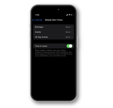 The default alert times menu for Apple Calendar, allowing the user to customize alerts for birthdays, events, and all-day events, with a "Time to Leave" toggle to enable notifications based on location and travel time.