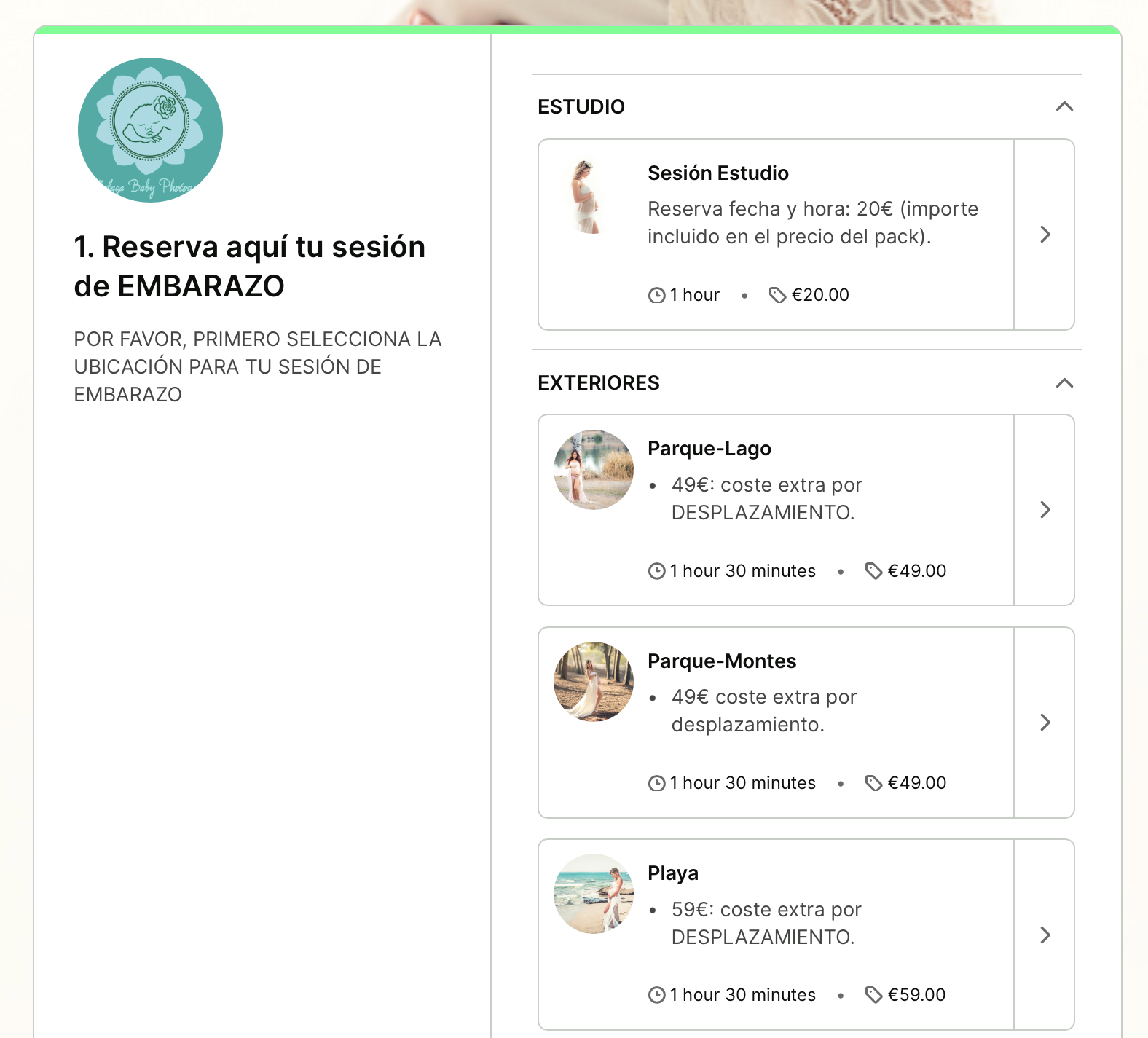 Malaga Baby Photoshoot booking page - appointment types