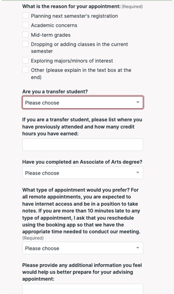 Missouri State University booking form questions built with YouCanBook.me