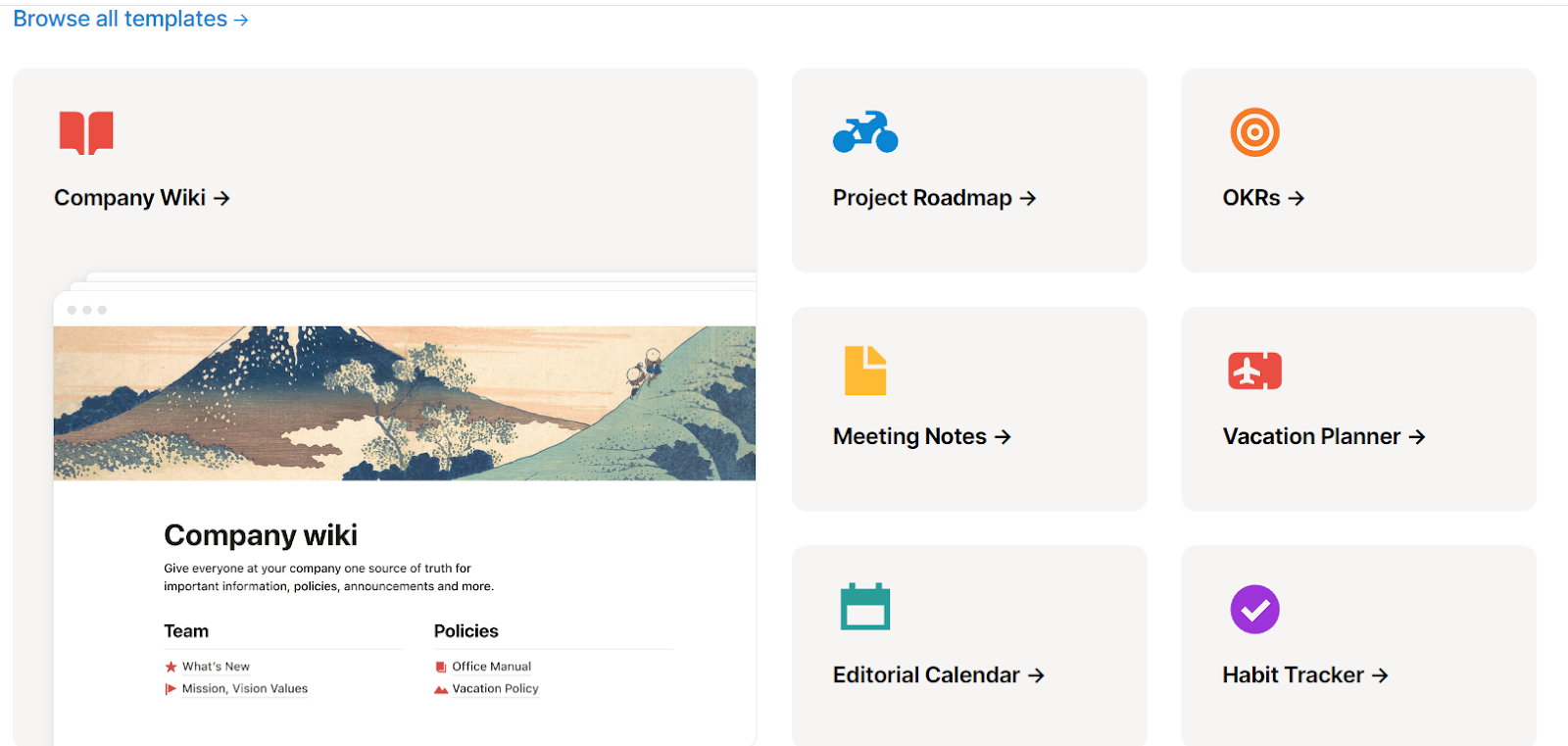 A Notion page displaying several templates for productivity tools, including 