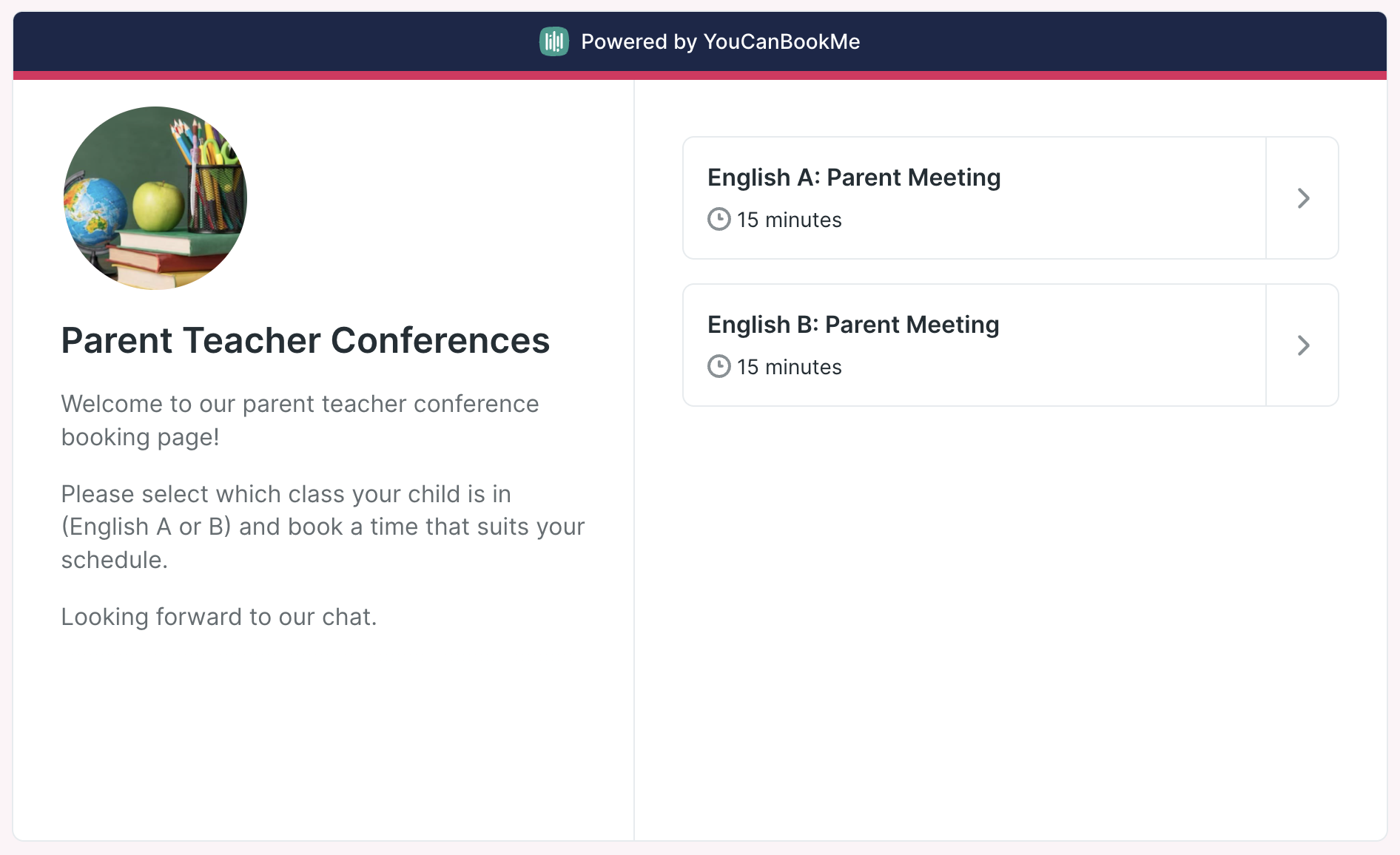 Parent Teacher Conference Booking Page 1