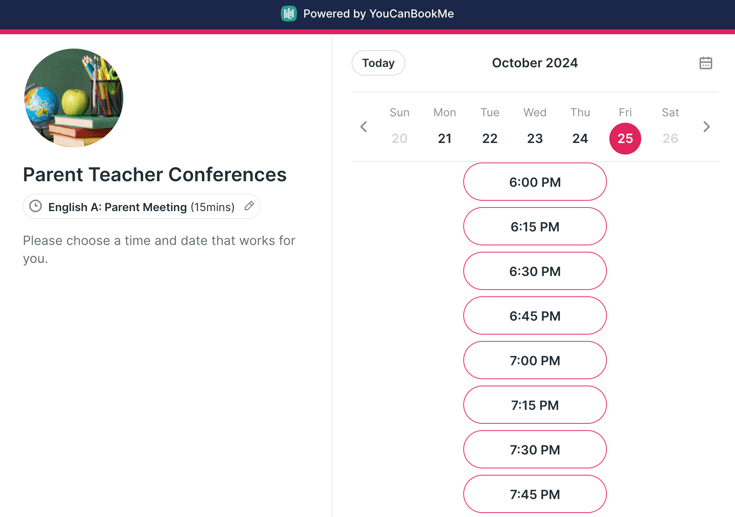 Parent Teacher Conference Booking Page for parents