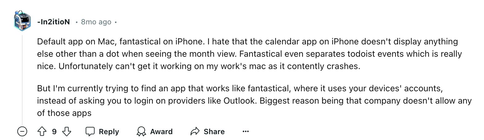 The second review, from user adobo_cake, agrees, noting that Google Calendar’s monthly view is superior because it displays event titles directly, whereas Apple Calendar only shows dots, requiring users to tap for event details.