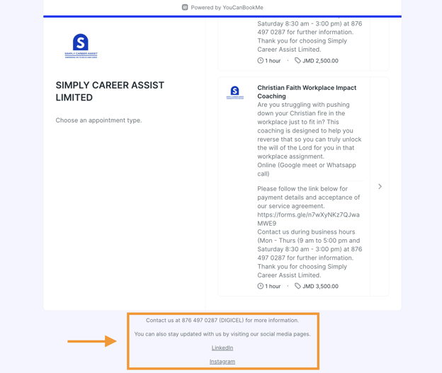 career coach booking page example