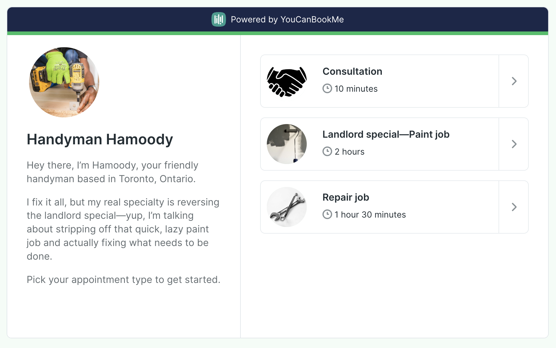 YouCanBookMe handyman booking page