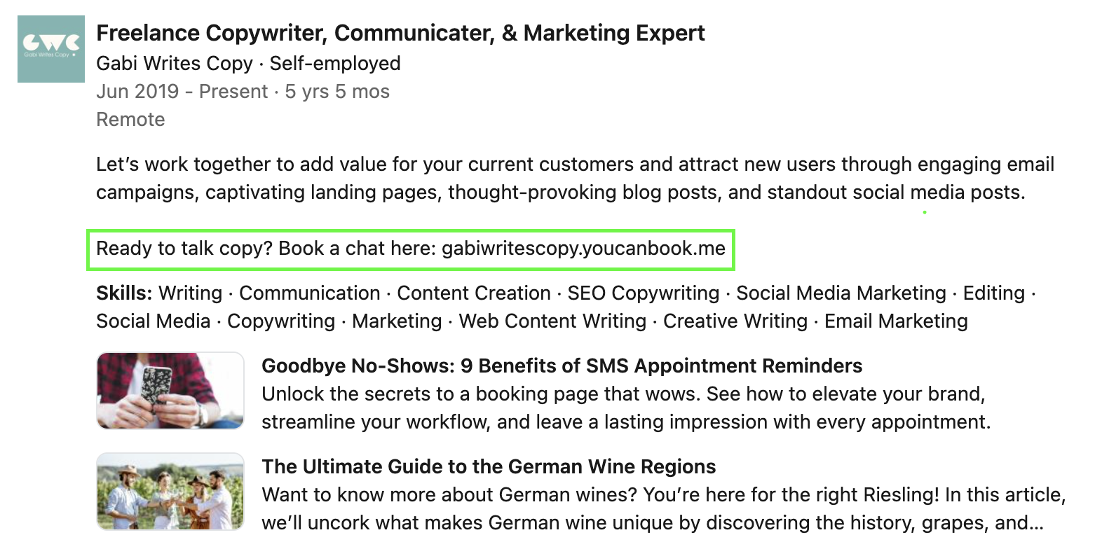 Example of a booking link in a LinkedIn profile job description