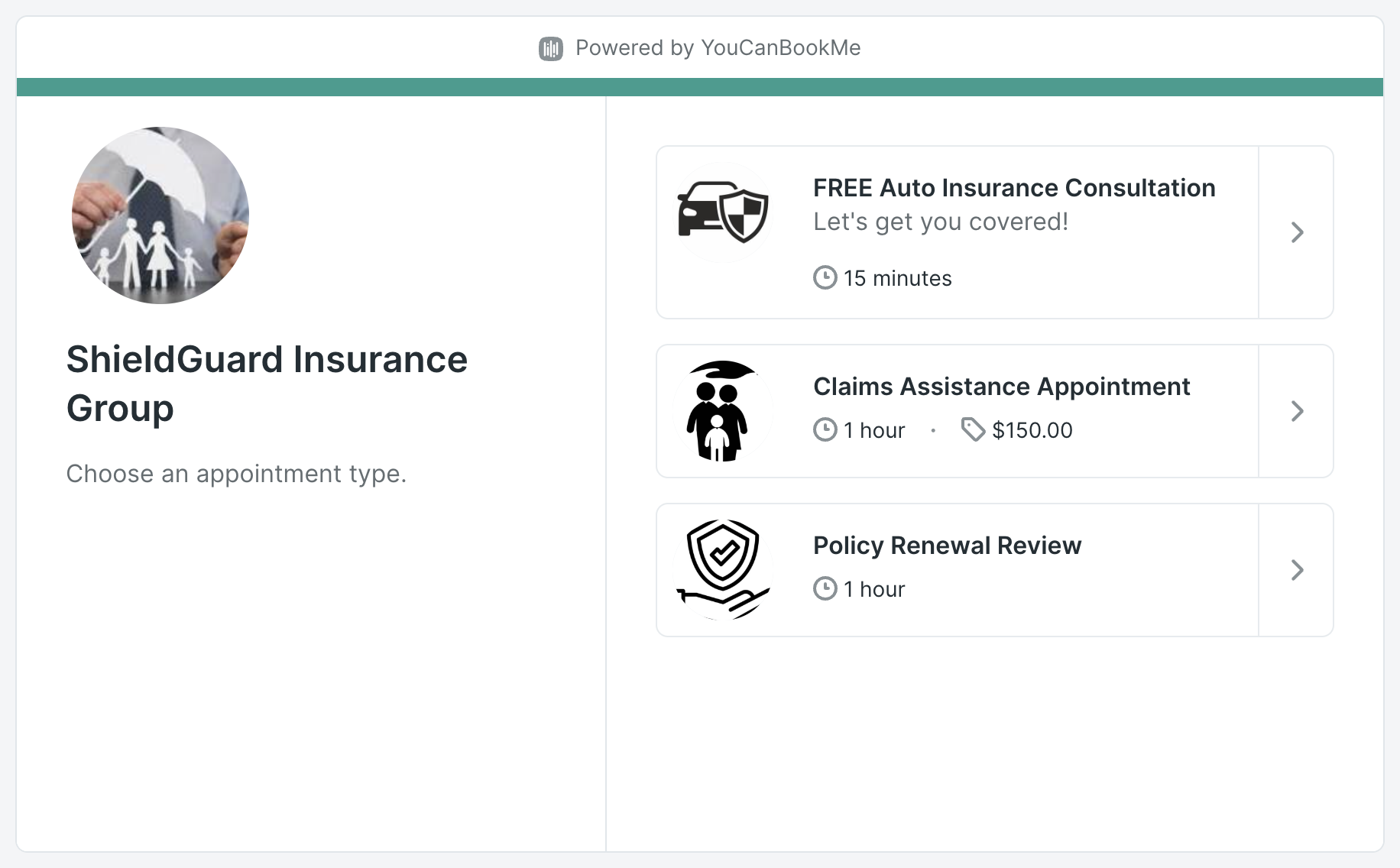 booking page for ShieldGuard Insurance Group displaying three appointment options: FREE Auto Insurance Consultation (15 minutes), Claims Assistance Appointment (1 hour, $150), and Policy Renewal Review (1 hour). Each option includes a small icon.