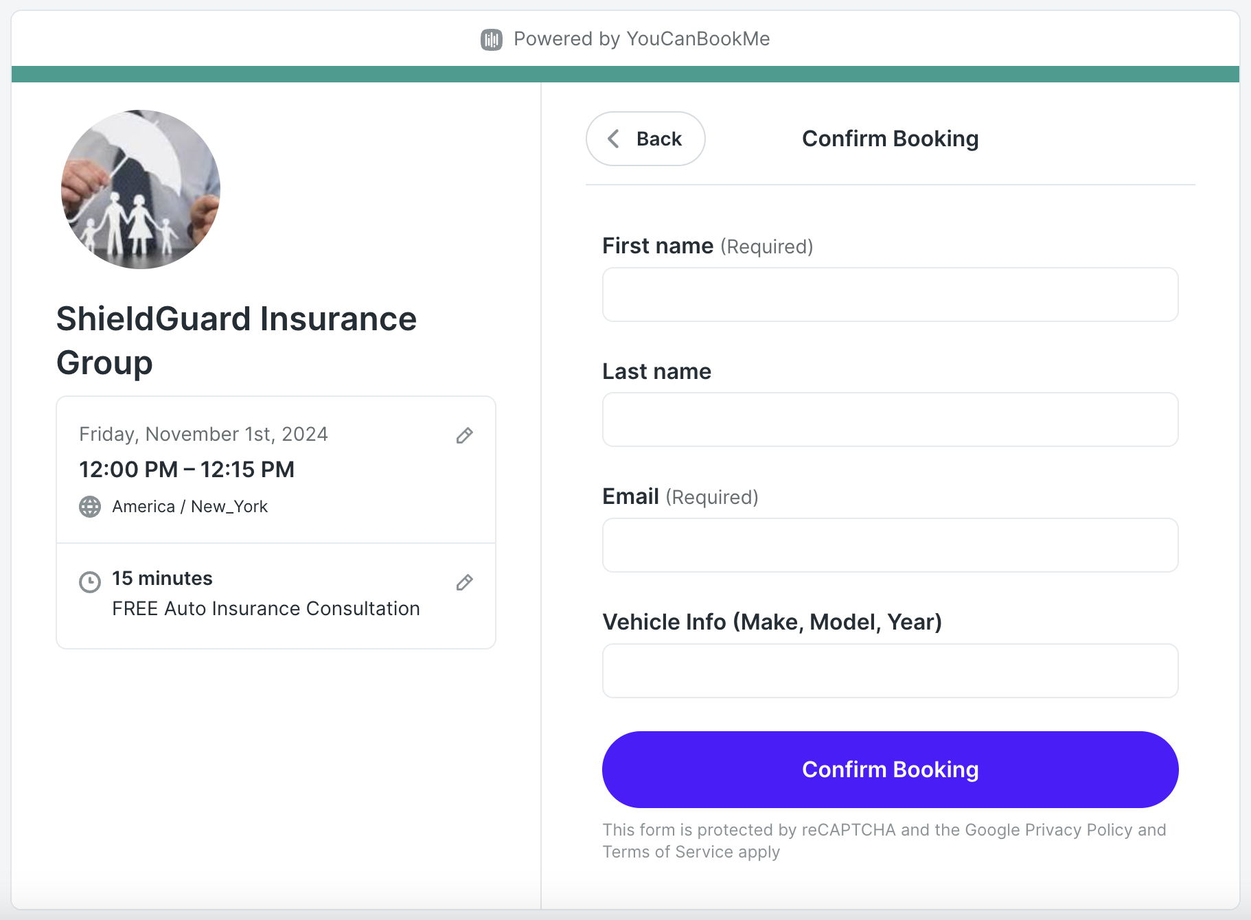 Customizable insurance booking form in YouCanBookMe