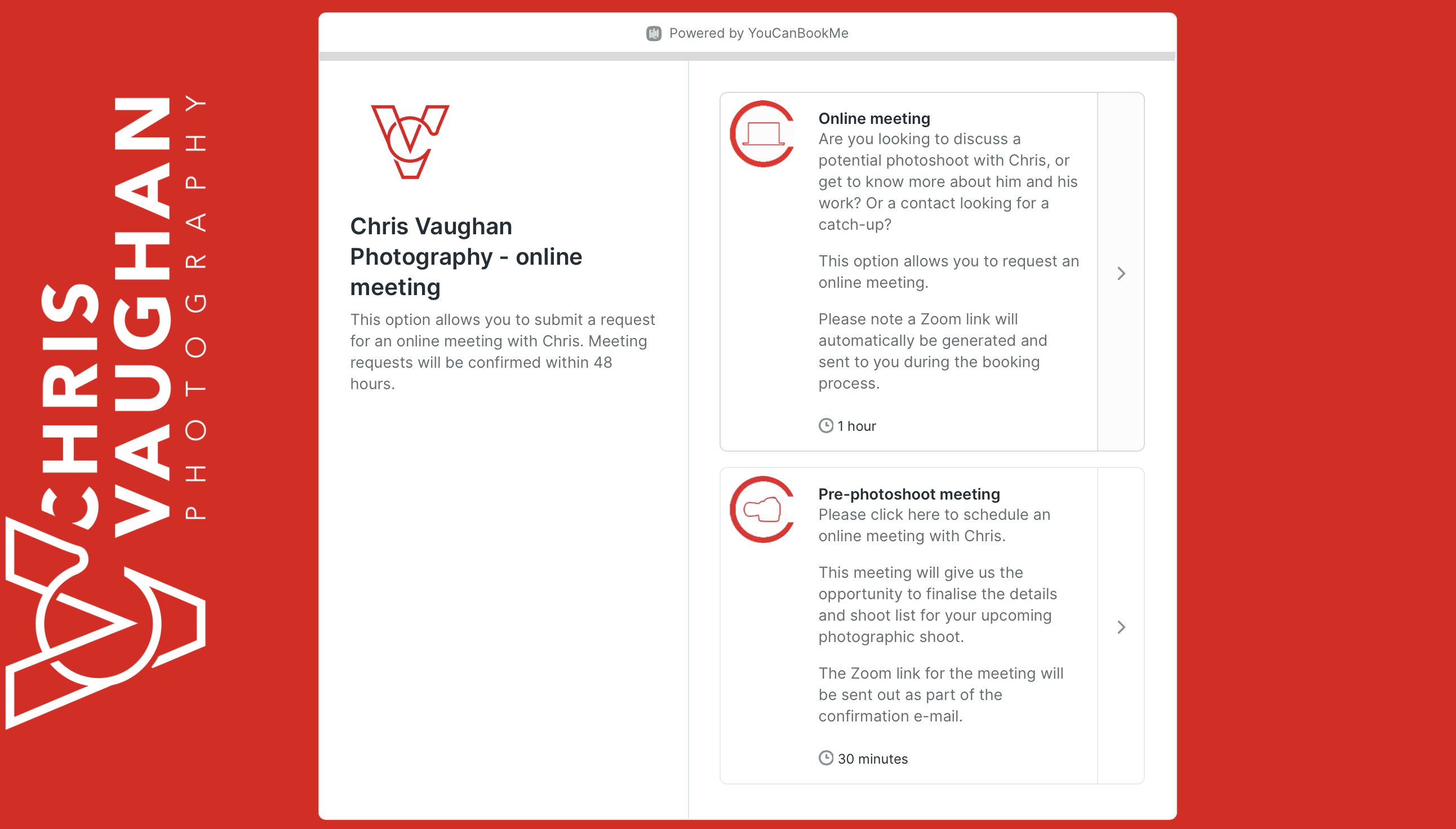 Photographer Chris Vaughan's customized booking page