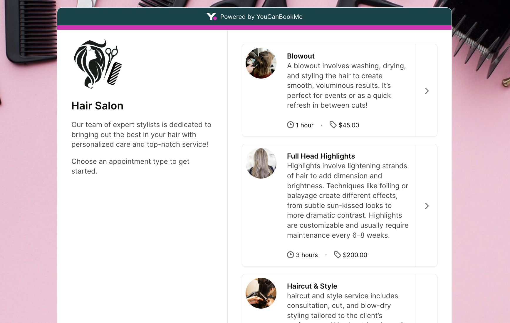 Hair salon booking page example made with YouCanBookMe