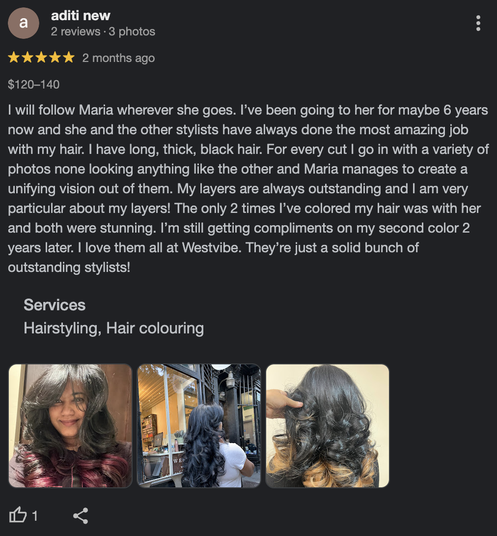 Sample google review with pictures for a salon