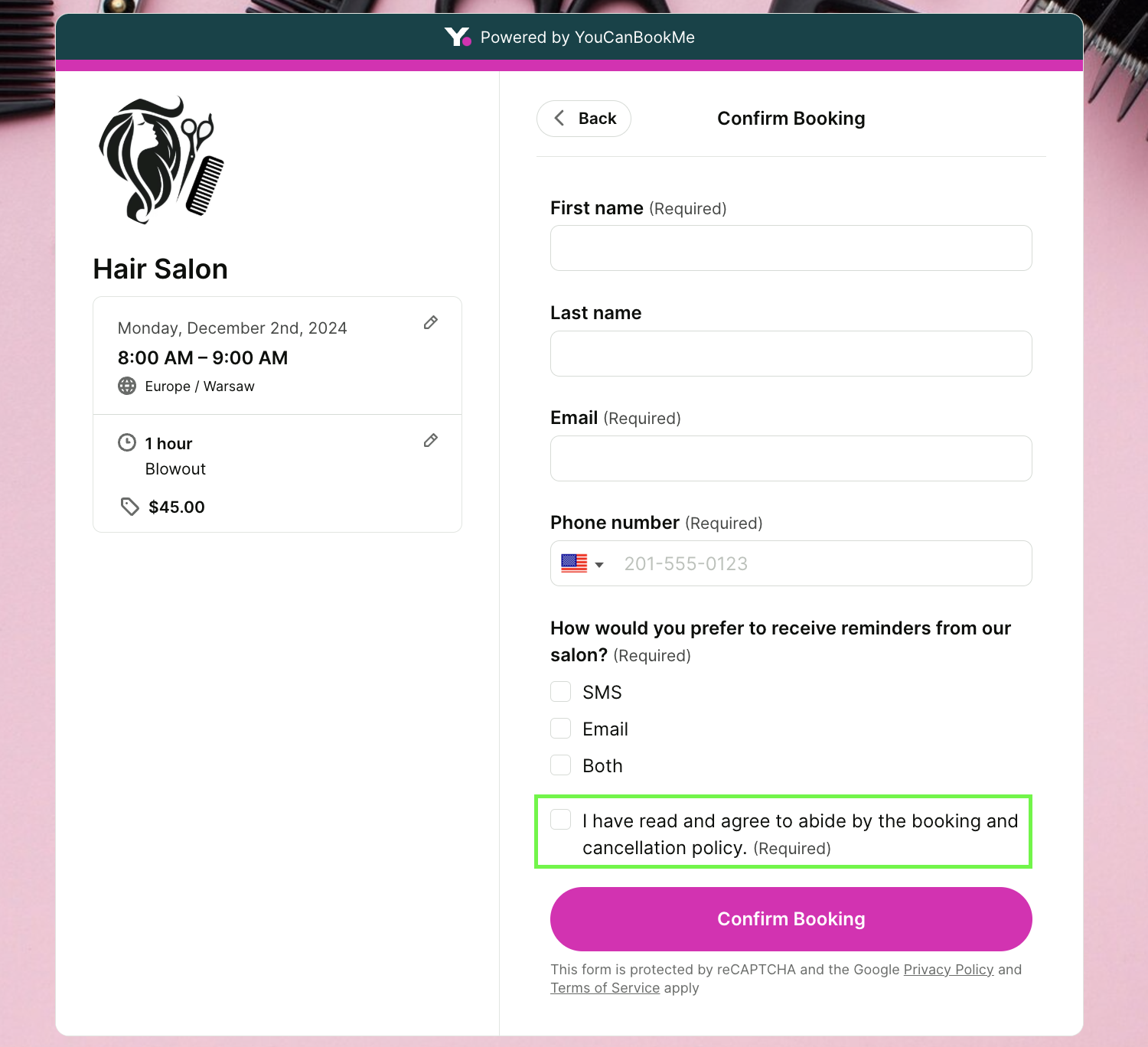 YouCanBookMe hair salon booking page with cancelation policy