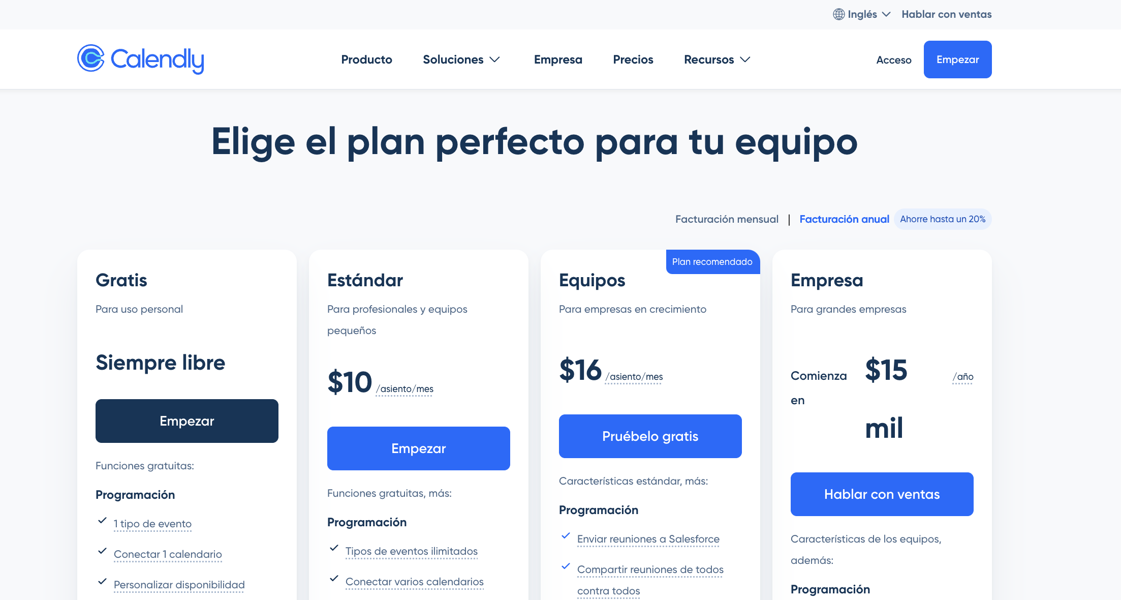 Precios de la programación en línea con Calendly