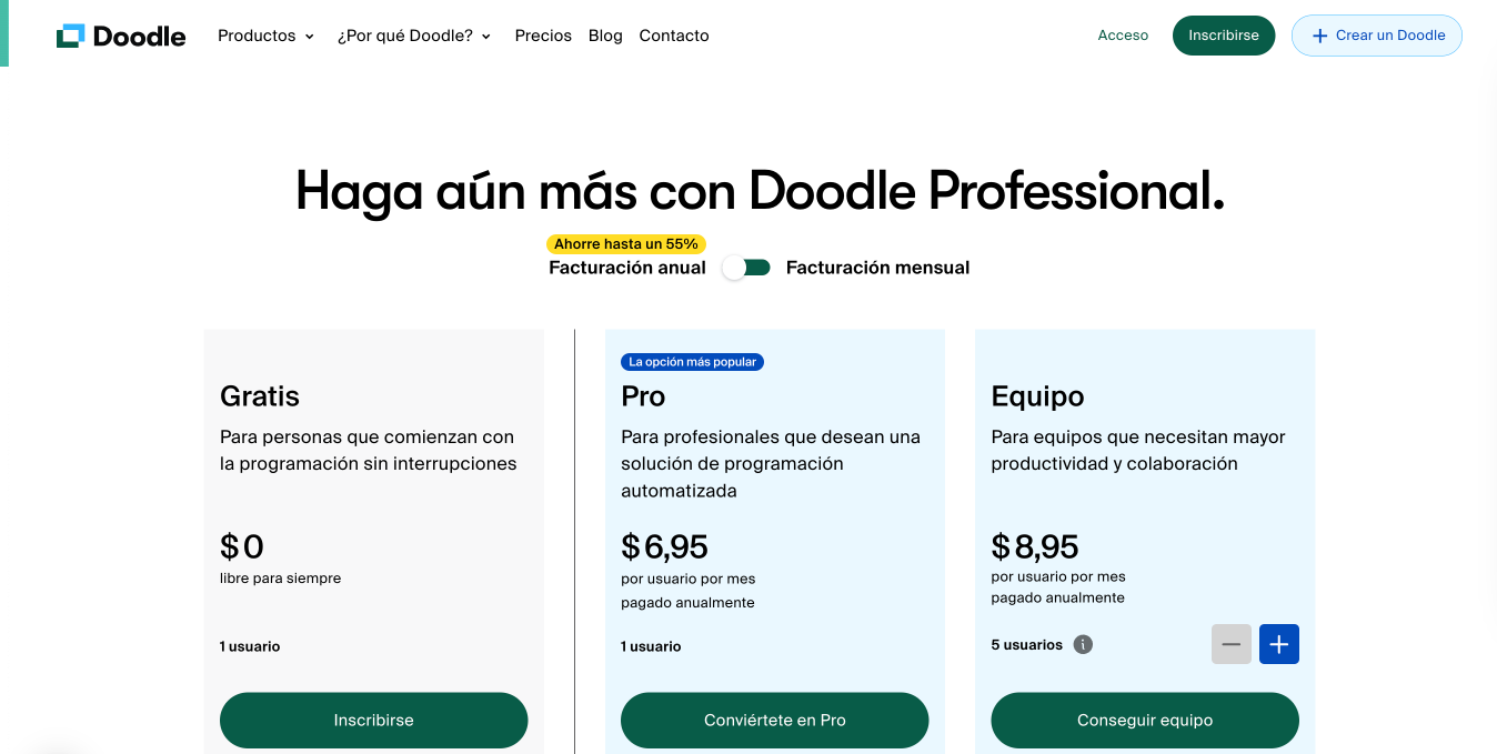 Precios de la programación en línea de Doodle