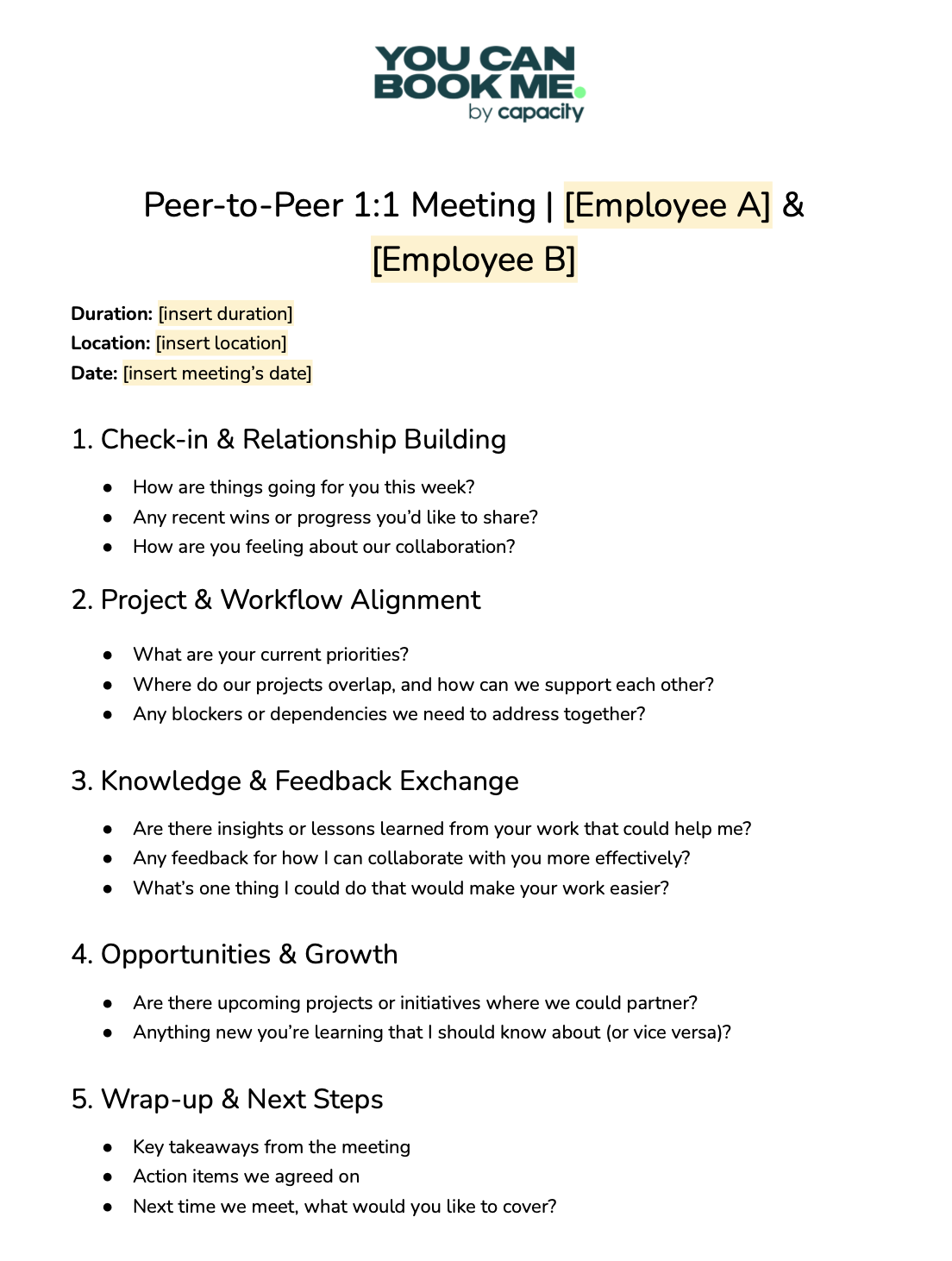 peer to peer one on one meeting template