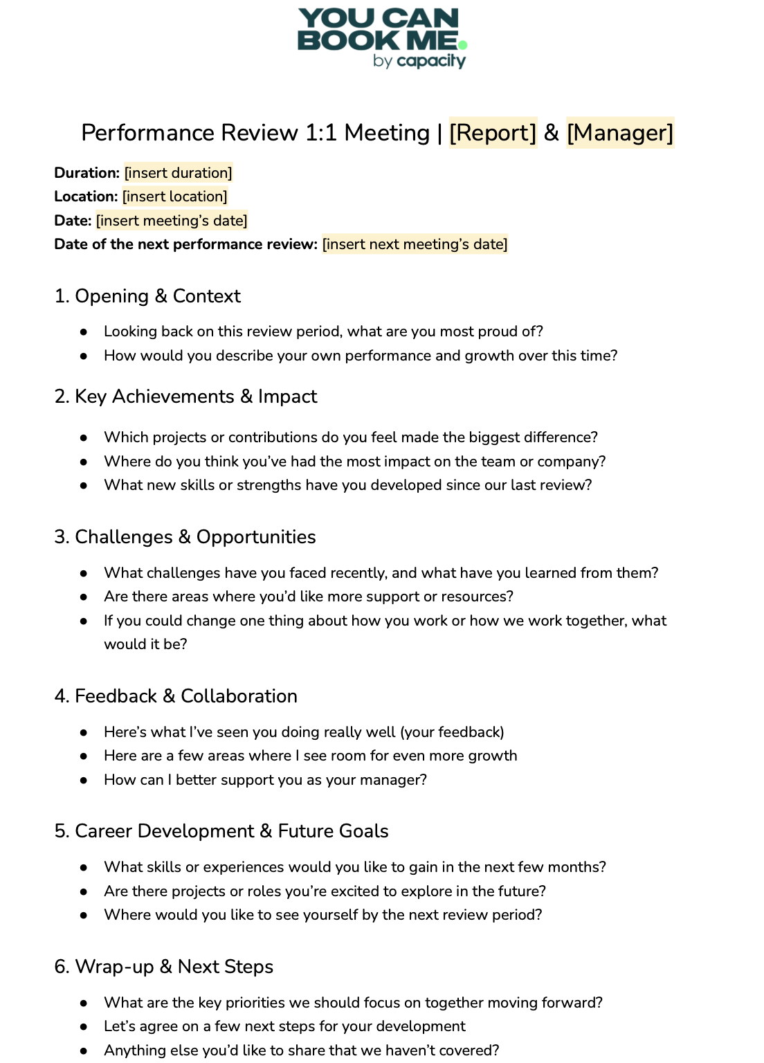 performance one on one meeting template