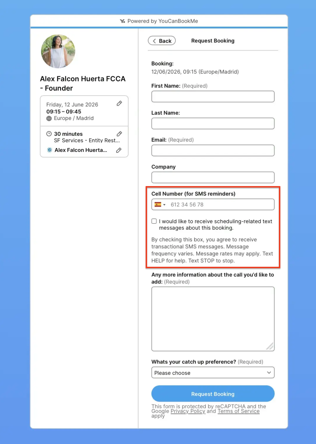 YouCanBookMe booking form with SMS checkbox