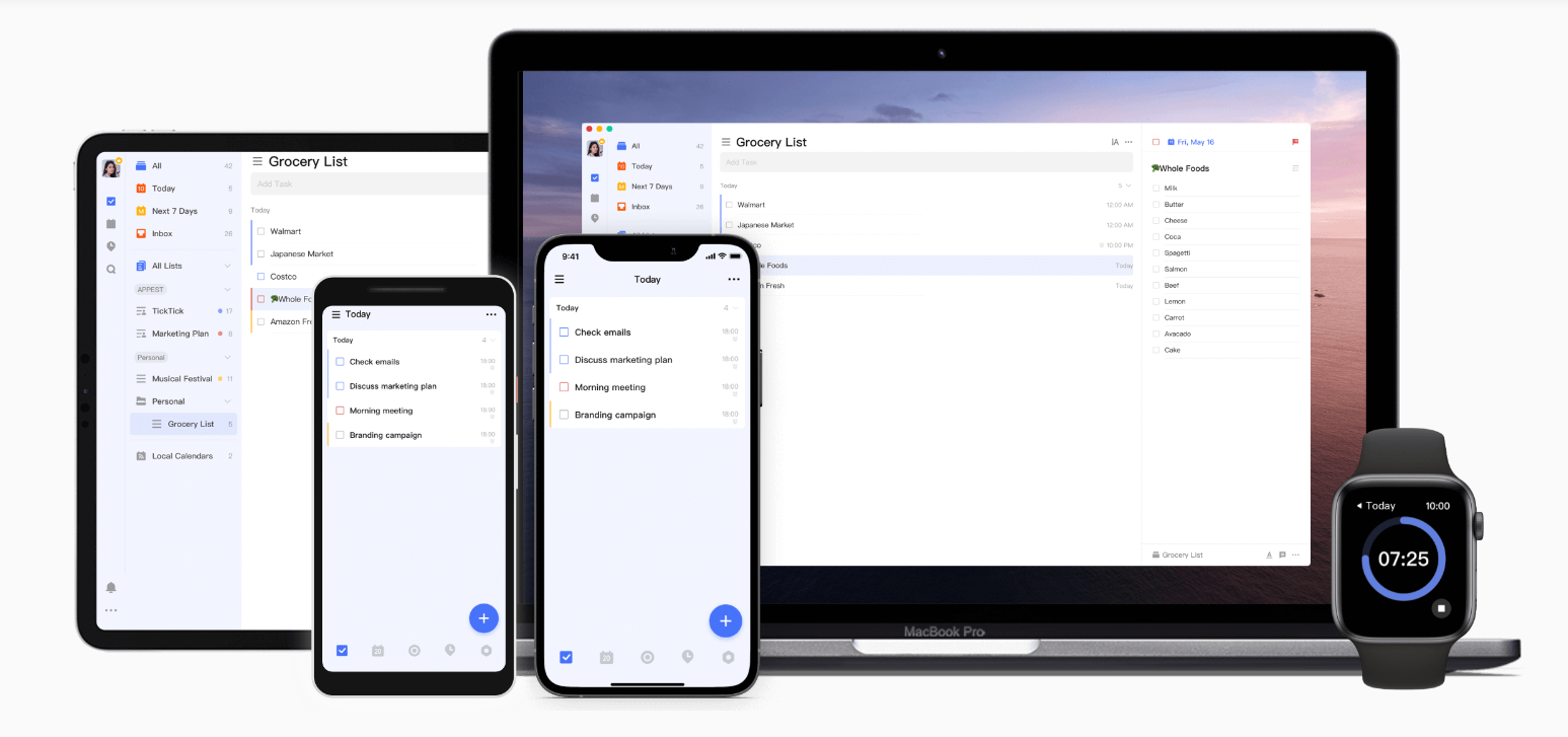 An image displaying TickTick task management app on multiple devices: an iPad, iPhone, Android phone, MacBook, and Apple Watch. The interface shows a 