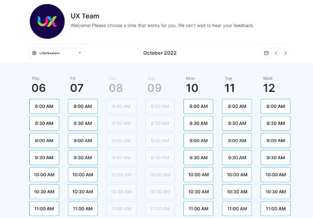 UX team booking page