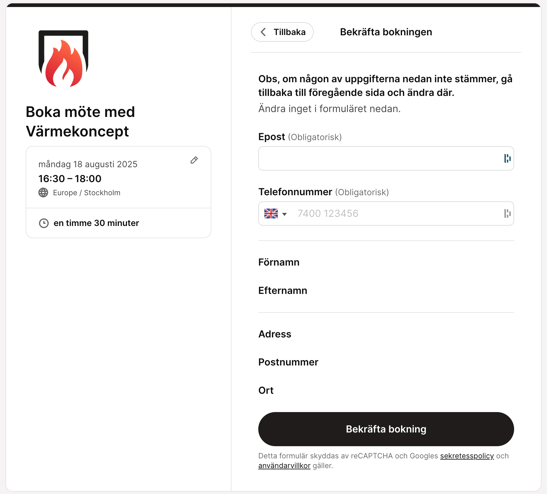 Värmekoncept Youcanbookme booking form