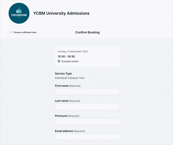 YCBM booking form example