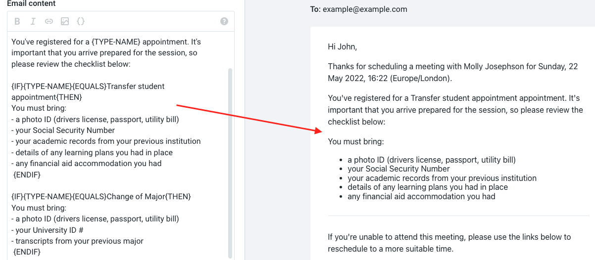 YouCanBookMe conditional statements in an advising meeting confirmation